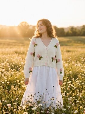 Aqua Blues Ivory Floral Crochet Cardigan Sweater Small Cottagecore